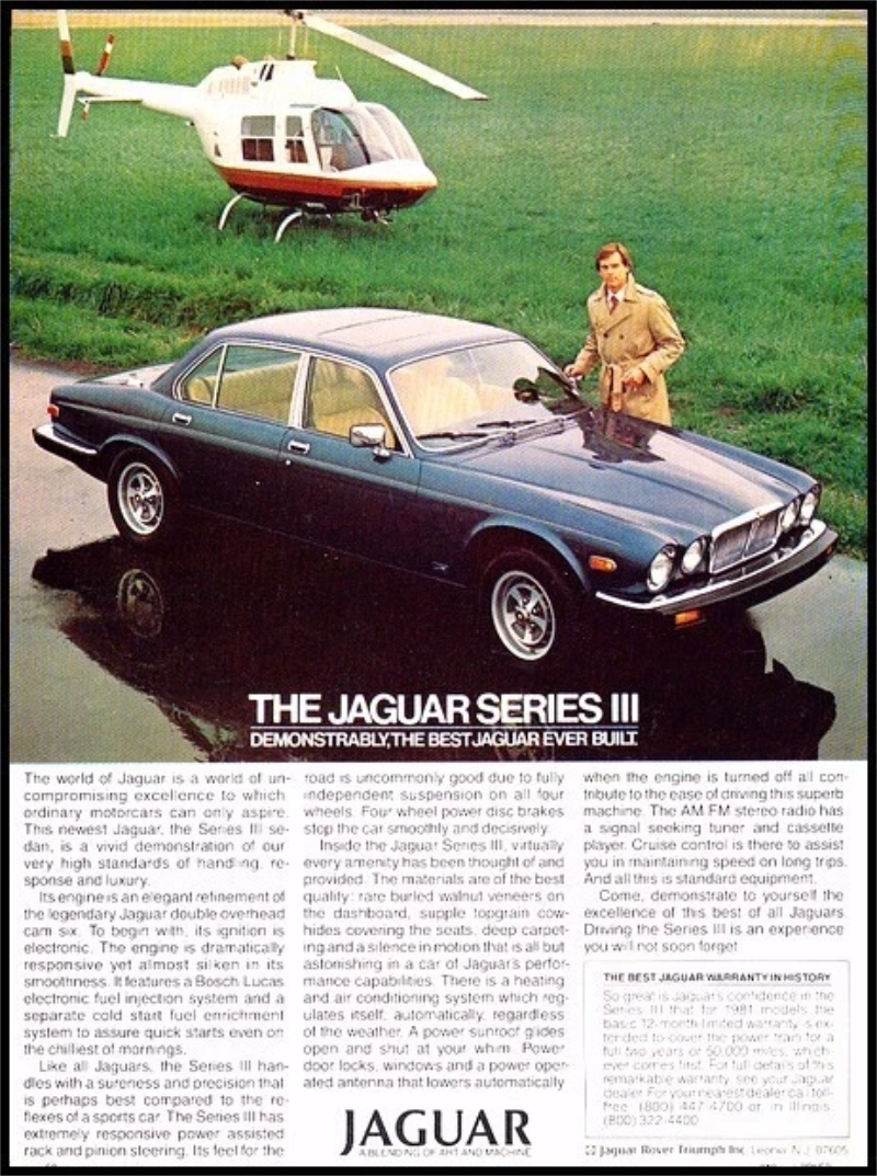 Jaguar Series III vintage auto ad in British racing green Jaguar Series III vintage auto ad; Demonstrably, the best Jaguar yet.